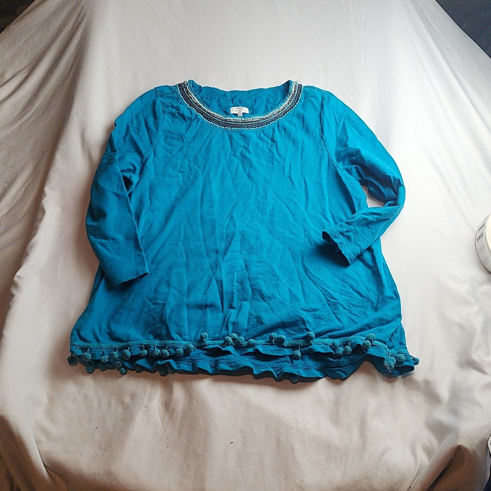 Crown & Ivy Petite Long Sleeve Top Embroidered Teal Women's Size XL